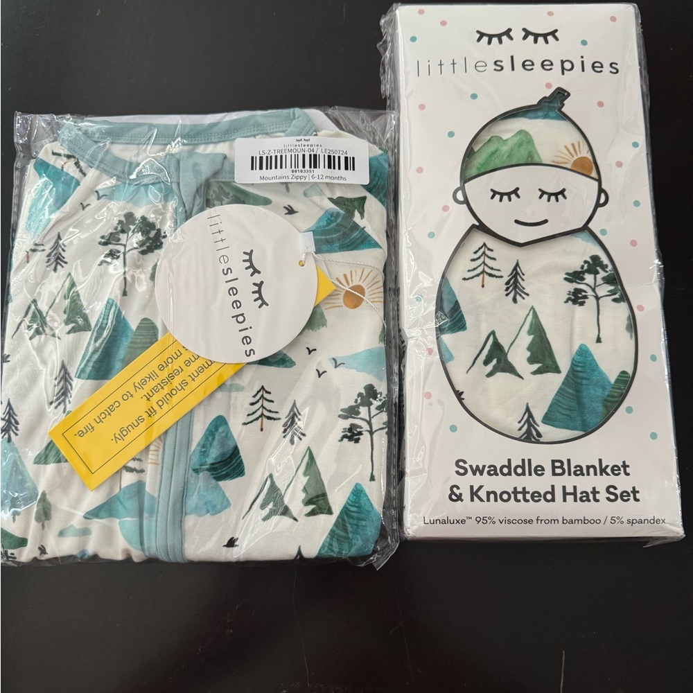 NWT Little Sleepies Mountains Swaddle and Hat Set with matching Zippy 6-12m
